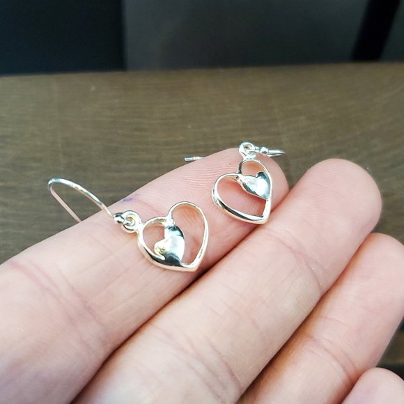 925 Sterling Silver Cute Small Double Heart Earrings - Picture 2 of 5